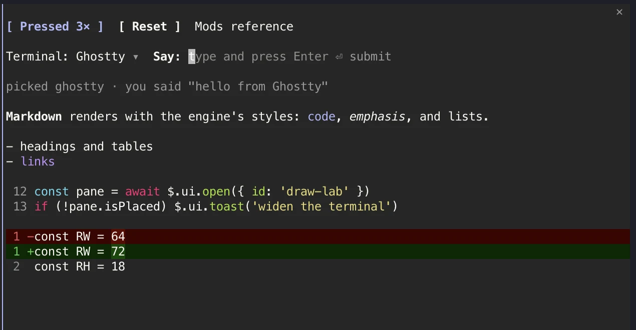 A mod pane with buttons, a select, a text input, Markdown and highlighted code.