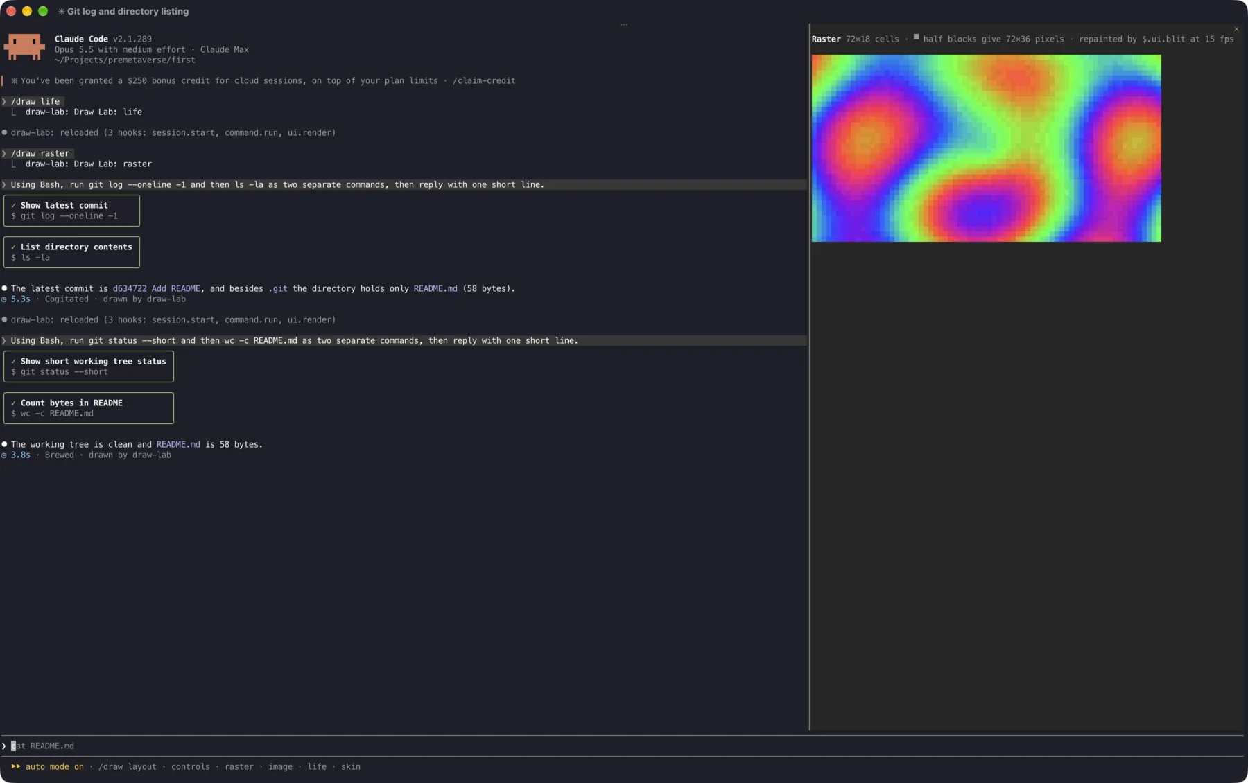 Ghostty running Claude Code with the draw-lab mod: an animated plasma raster in a side pane, Bash calls drawn as bordered cards, a custom turn timer and a custom prompt hint.