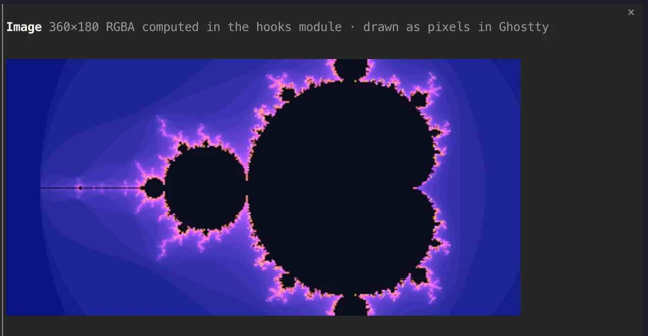 A sharp pixel rendering of the Mandelbrot set in blue, violet and black inside the pane.