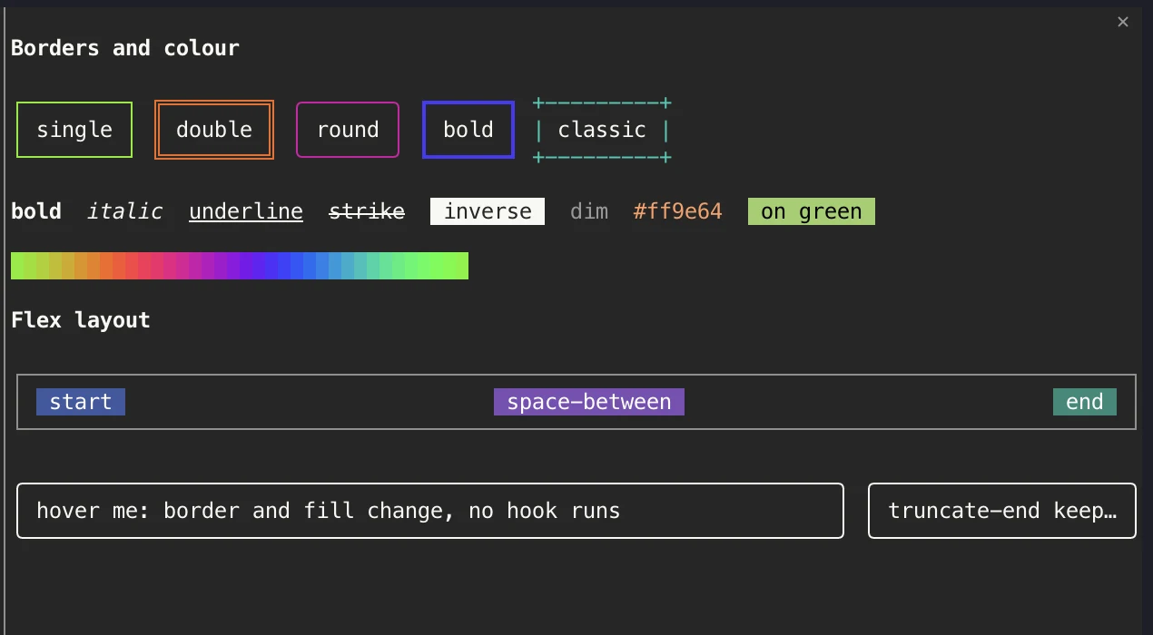 Pane showing five bordered boxes labelled single, double, round, bold and classic; a row of text styles; a rainbow ramp; a space-between flex row; a hover box and a truncated box.