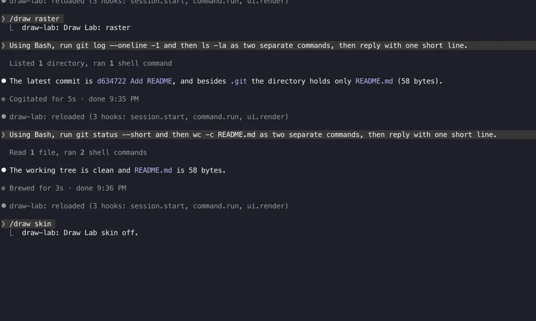 Default transcript: Listed 1 directory, ran 1 shell command, then Cogitated for 5s.