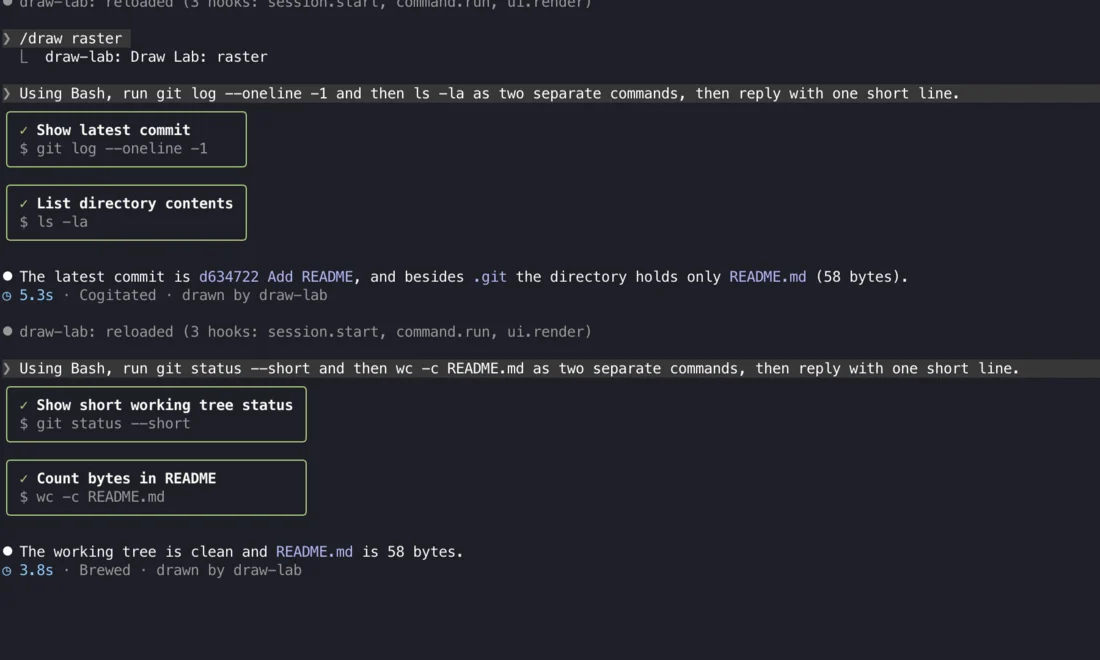 Claude Code's transcript with each Bash call redrawn as a bordered card.