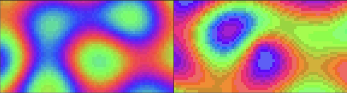 Two plasma frames side by side: smooth gradients when run directly in Ghostty, visibly banded colour steps inside tmux.