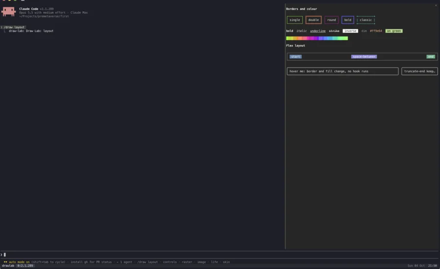 Claude Code at 256 columns with the Draw Lab pane docked on the right.