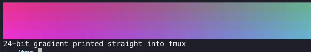 A smooth 24-bit colour gradient printed directly in a tmux shell pane.