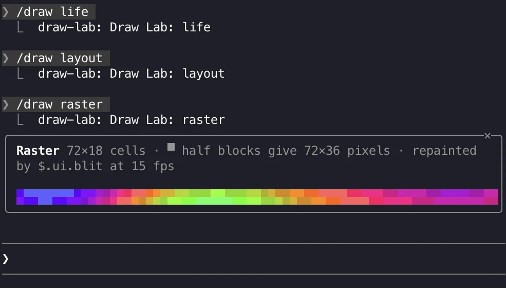 At 70 by 20 the Draw Lab pane is an inline framed box above the prompt showing two rows of the raster.